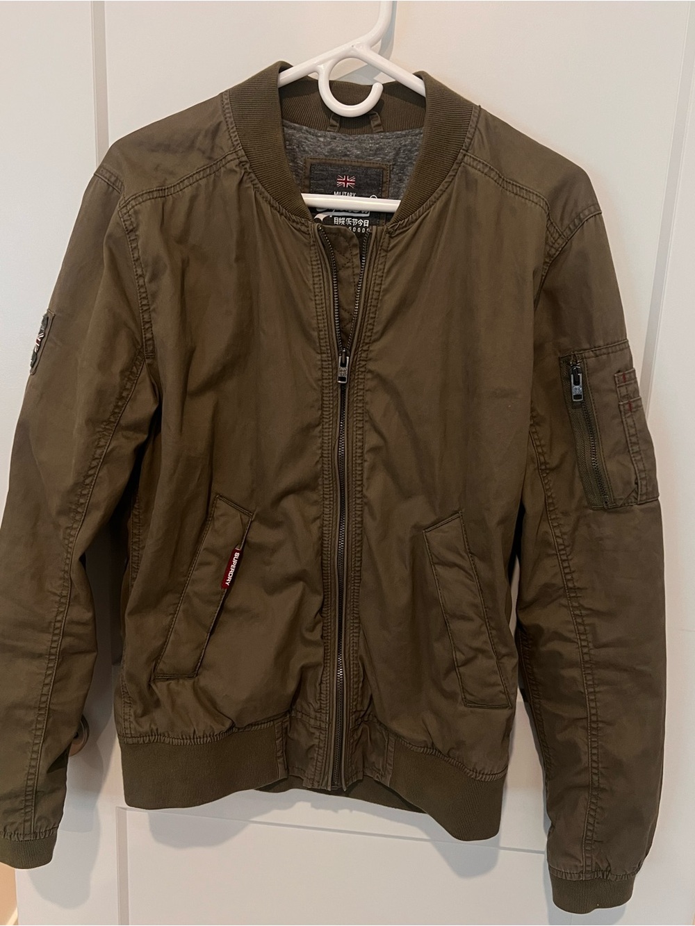 Superdry Olive Bomber Jacket with Utility Sleeve Pocket